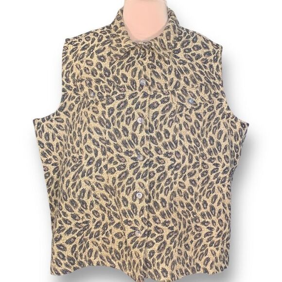 Vintage 90s Vest Tan Brown Leopard Animal Print Collared Button Front Plus 2X - Picture 4 of 9